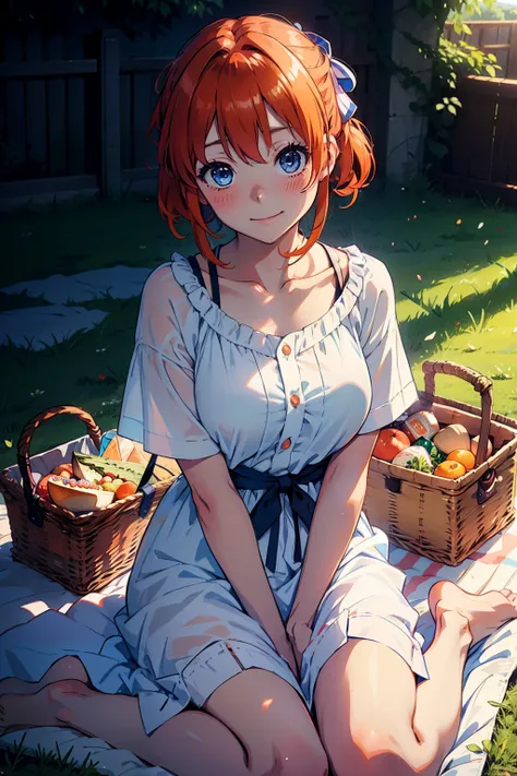 Ryuuguu Rena, Higurashi no naku koro ni, blue eyes, orange hair, medium hair, white dress, cute, picnic blanket, sit, picnic, looking at viewer, blush, smile, happy, pov, date, sandwich, romantic, solo