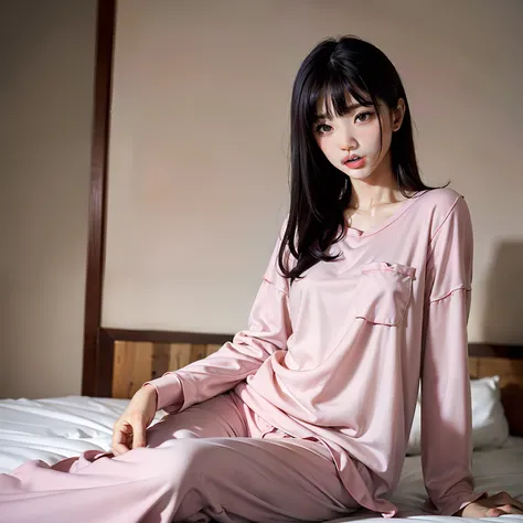 top-quality, ​masterpiece, 超A high resolution, 8K, Unripe, (photographrealistic:1.4), physically-based renderingt, depth of fields, Look at viewers, A slender, (sitting on:1.1), at bedroom, detailed beautiful faces, 1 rapariga, cute little, 年轻, blushing no...