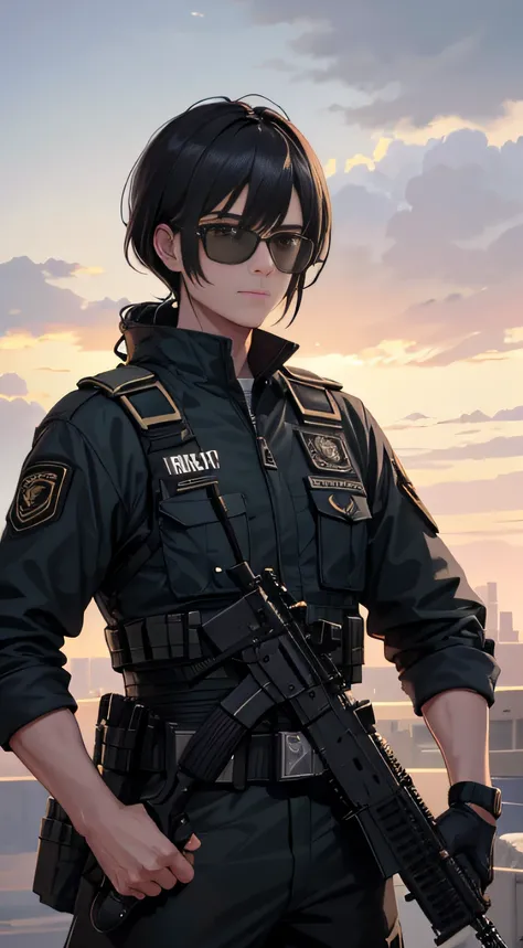 Male special forces，Dark military uniform,  Man in goggles, The facial features are tough and handsome, Delicate facial features，Exquisite military uniform， Hold a gun in both hands，Assault rifle QBZ, 8K digital painting, High-quality fanart,  Detail art s...