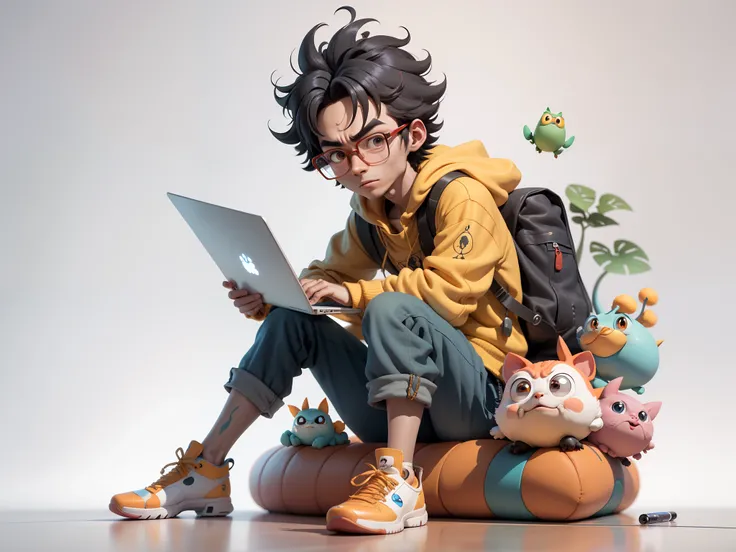 A young man with glasses sits at his desk，holding laptop，digitial painting，3D character design by Mark Clairen and Pixar and Hayao Miyazaki and Akira Toriyama，4K HD illustration，Very detailed facial features and cartoon-style visuals。