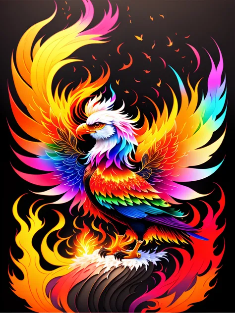 a painting of a colorful bird on a black background, phoenix rising from the ashes, breathtaking render, within radiate connection, inspired by Kinuko Y. Craft, melting into vulpix, magical elements, white eagle icon, wow it is beautiful, casting a multi c...