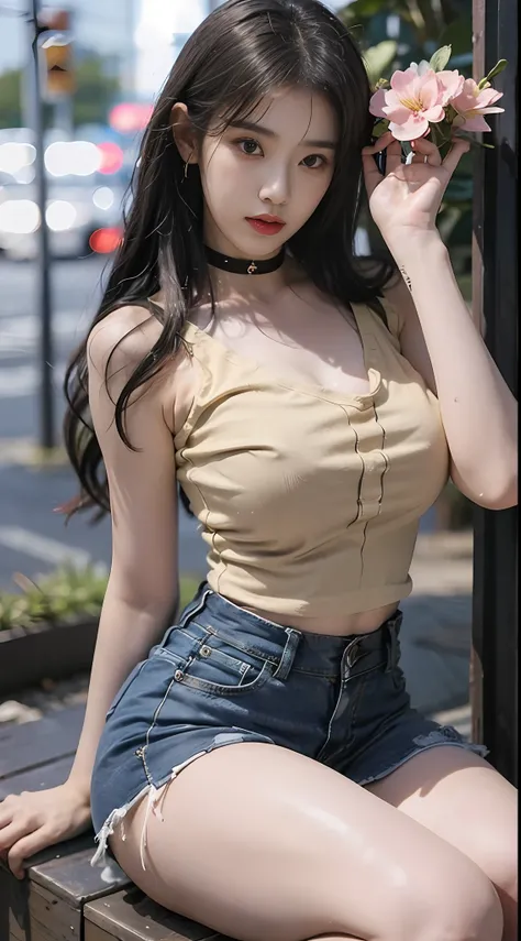 Asian woman by the sea，sexy for，Light short group，Short groups，Tight leaking T-shirt，2 2 years old，thicc，She was about 26 years old，Height 170 cm，korean people，Delicate face，realisticlying，goddes，very Bigger breasts