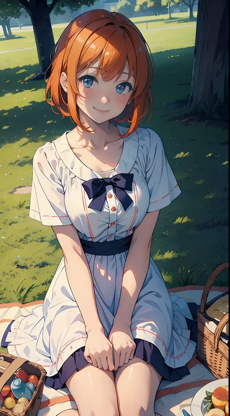 masterpiece, best quality, high quality, Ryuuguu Rena, Higurashi no naku koro ni, blue eyes, orange hair, medium hair, white dress, cute, picnic blanket, sit, picnic, looking at viewer, blush, smile, happy, pov, date, sandwich, romantic, solo