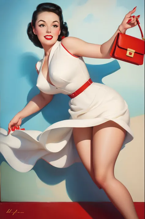 painting of a woman in a white dress holding a red purse,  BILL MEDCALF style, pinup art, BILL MEDCALF,  BILL MEDCALF, vintage pin up, illustrated by BILL MEDCALF, girl pinup, pinup girl, pin-up poster girl, pin up girl, pinup, pin - up girl, Detailed face...