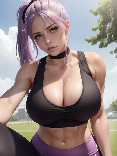 1girl, green eyes, cleavage, big boobs, soft abs, long light purple lilac hair in ponytail, extremely detailed, best quality, sweaty, dripping sweat, slightly muscular arms,  black and white sports bra and black leggings, outside, sunny, close up, forward ...