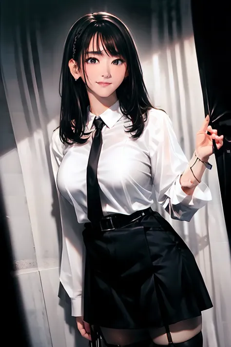 a black skirt, neck tie, White shirt, Long Black Hair, Gray eyes, holster, Garter belt on the legs, large full breasts, hands above your head, Moderate, Pichi Pichi clothes, both sides