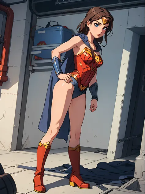 1girl, solo, ((leotard, bare legs)), boots, standing, hands on hip, Wonder Woman