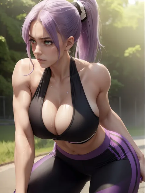 1girl, green eyes, cleavage, big boobs, soft abs, long light purple lilac hair in ponytail, extremely detailed, best quality, sweaty, dripping sweat, slightly muscular arms,  black and white sports bra and black leggings, outside, sunny, close up, forward ...