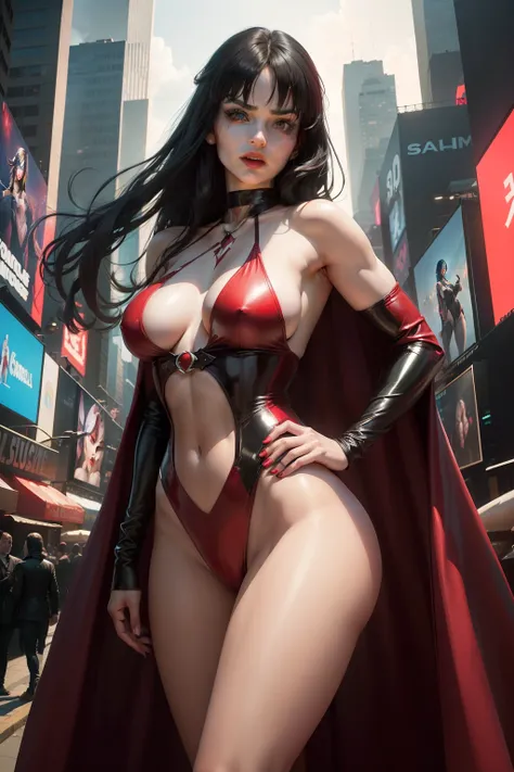 Beautiful, red bathing suit and mesmerizing red eyes, in New York City, Time Square, Vampirellas beautiful face in perfect detail is portrayed as an extremely attractive woman with long black hair, pale skin and mesmerizing red eyes. She wears a revealing ...