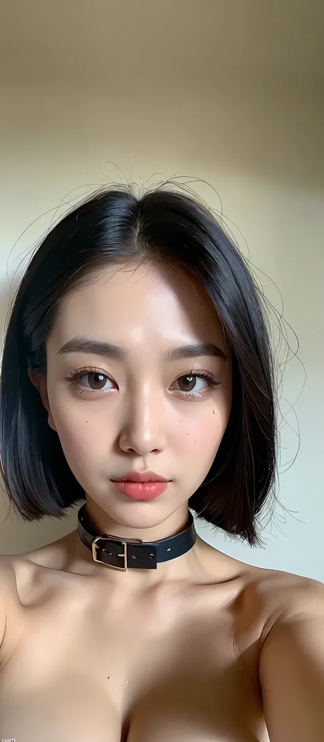 ((Best quality, 8k, Masterpiece :1.3)), Sharp focus, selfie, A pretty woman with perfect figure, ((black hair, Big breasts)), (bare shoulders dress, collar), simple background, Highly detailed face and skin texture, Detailed eyes, Double eyelid