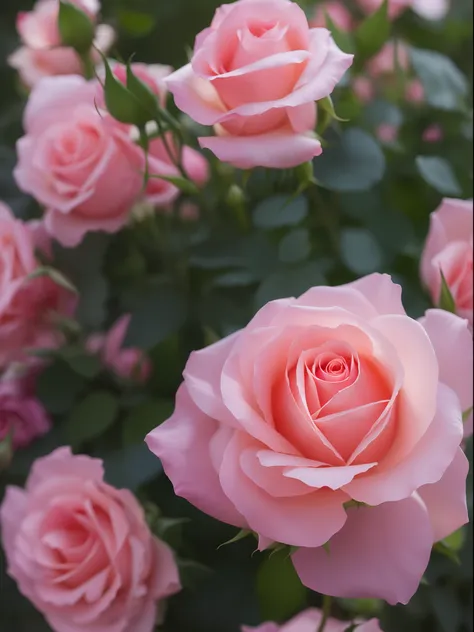 Pink roses grow on garden bushes, Pink Rose, roses in cinematic light, pink rosa, Rose Twinings, photo of a rose, Anna Nikonova, with soft pink colors, photo taken with canon 5d, soft light 4 k in pink, taken with a pentax k1000, Incredibly beautiful, Mela...