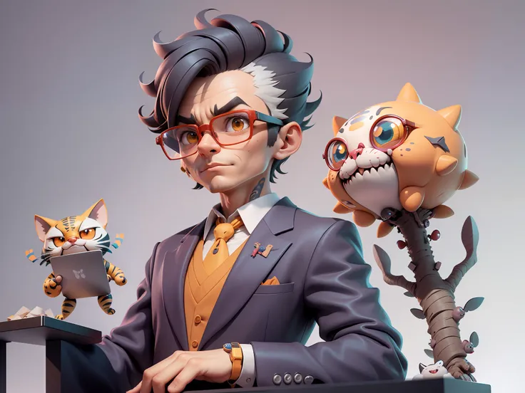 A young man in a suit, Short hair and glasses sat at his desk，holding laptop，digitial painting，tigre，3D character design by Mark Clairen and Pixar and Hayao Miyazaki and Akira Toriyama，4K HD illustration，Very detailed facial features and cartoon-style visu...