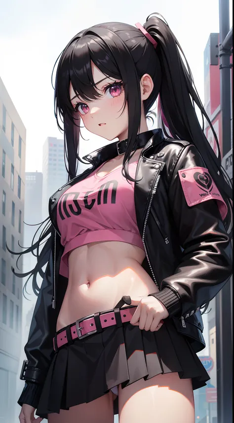 young girl, Long black hair in two ponytails, pink eyes, punk, leather jacket, Upskirt, open belly, open breasts, Masterpiece, hiquality