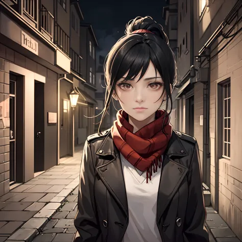 a girl with black hair and brown eyes standing under a faint streetlight, ponytail, dark, creepy atmosphere, melancholic stare, ...