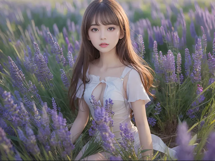 (( Real Light, Top Quality, 8k, Masterpiece: 1.3)), Normal Body Shape: 1.4, (Brown Hair, Colossal: 1.8),sitting , Open Legs, Ultra Detailed Face, Detailed Eyes, Double Eyelids, naked school girls in the lavender field