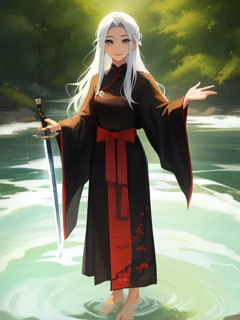 Traditional chinese painting，Taoist robes，Holding a precious sword，white color hair，Colored eyes，Barefoot，Standing in the water，ssmile，