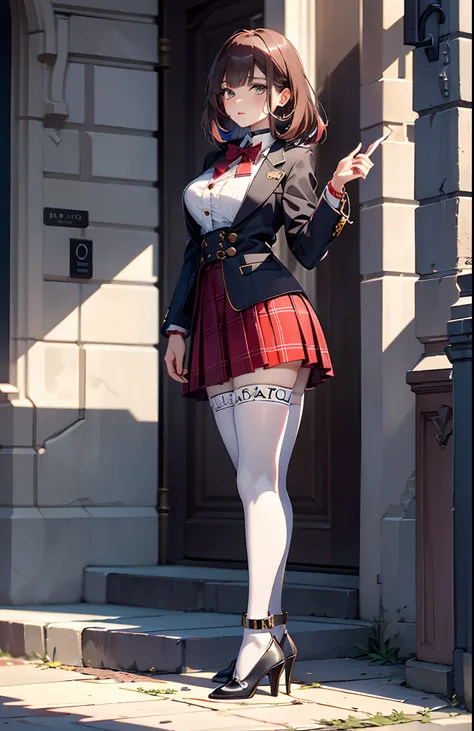 best qualityer，tmasterpiece，Ultimate resolution，downy，Extremely colorful，mature pretty woman，（JK school uniform），neck bowtie，Plaid skirts，（Beauty severed head），Normal posture，Redlip，Collar，（Point at you with your ass），shackle，behead，guillotine，behead，Colla...