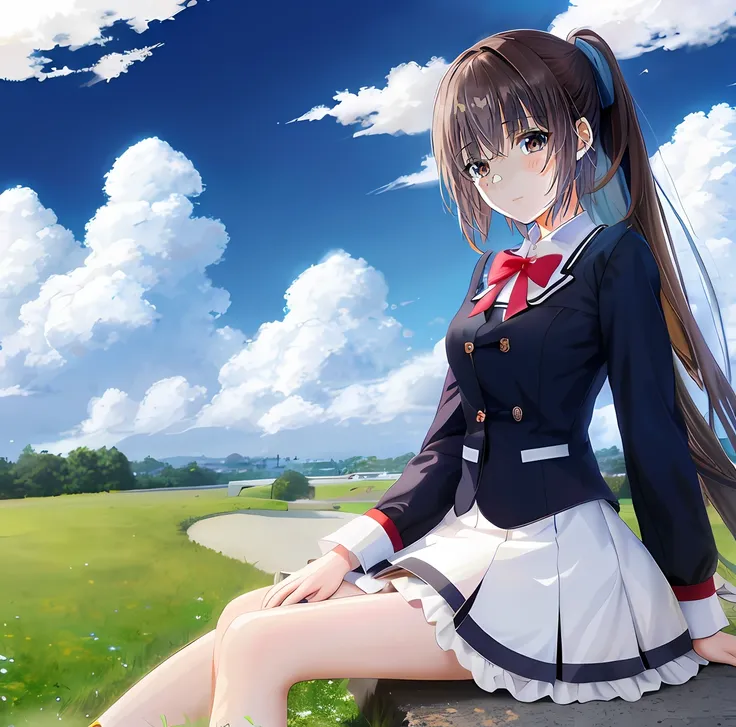 anime girl sitting on bench in blue sky field, smooth anime cg art, beautiful anime high school girls, anime moe art style, styl...