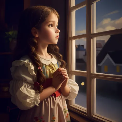 Theres an 8-year-old girl standing by a window looking out, bela arte digital, luz fria da janela, A menina no peitoril da janela, near the window, kramskoi 4 mil, olhando na janela, painting digital adorable, pintura realista da menina bonito, luz suave d...