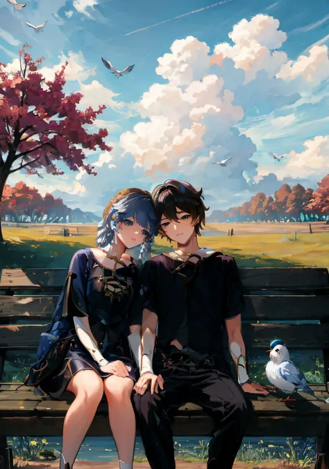 Anime couple，Ether and Ayaka anime couple（tmasterpiece：1.3），best qualtiy，offcial art，1girll，1boys，（adolable：1.3），sitting on park bench，（take hand），ssmile，Be red in the face，（brightly），（:D：0.6），sun light，cumulonimbus clouds，birds，High-quality doujin art，Bes...