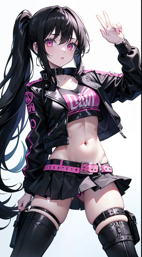 young girl, Long black hair in two ponytails, pink eyes, punk, leather jacket, Upskirt, open belly, open breasts, Masterpiece, hiquality