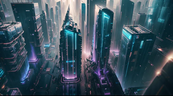 A high-tech city where flying cars fly over a metropolis lit by bright neon lights.