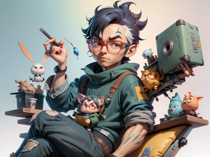 A young man with glasses sits at his desk，holding laptop，digitial painting，3D character design by Mark Clairen and Pixar and Hayao Miyazaki and Akira Toriyama，4K HD illustration，Very detailed facial features and cartoon-style visuals。