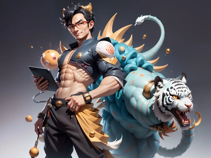 (Masterpiece), (Excellent), (Super Meticulous), (Full Body: 1.2), Super Young Man with Japanese Female Geisha, Pretty, Beautiful, Chinese Dragon, Tiger, Wind God Thor, Sexy, Bursting, Oriental Face, TV Anchor, Bust Portrait Illustration, Black Suit, Blue T...