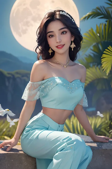 jasmine  1girl, solo, looking at viewer, smile, shirt, bare shoulders, jewelry, sitting, full body, flower, earrings, pants, off shoulder, crop top, makeup, bird, border, moon, full moon, off-shoulder shirt (realistic:1.2), (realism), (masterpiece:1.2), (b...