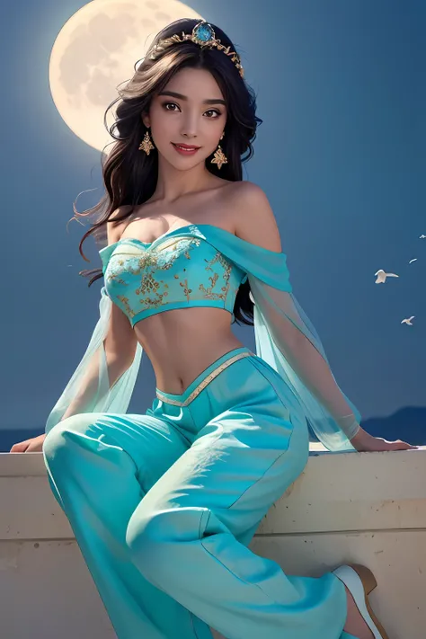 jasmine  1girl, solo, looking at viewer, smile, shirt, bare shoulders, jewelry, sitting, full body, flower, earrings, pants, off shoulder, crop top, makeup, bird, border, moon, full moon, off-shoulder shirt (realistic:1.2), (realism), (masterpiece:1.2), (b...