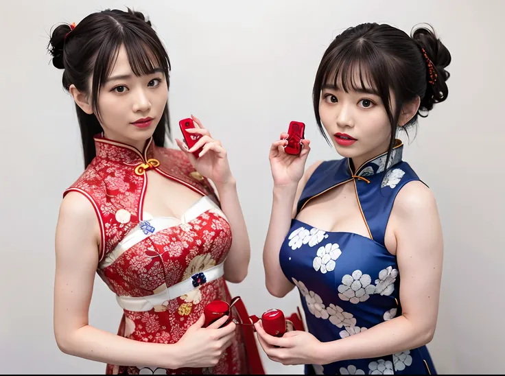 Two women in oriental clothes are taking pictures together, Cheongsam, Chinese dress, wearing a blue qipao dress, porcelain japanese mannequins, traditional chinese, chinese costume, in a blue qipao, Anime Cosplay, Chinese style, Anime girl cosplay, wearin...