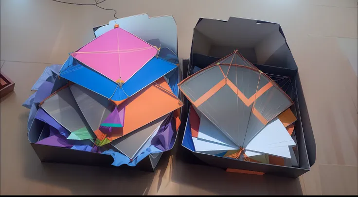 Collection of stacked colorful kites in white red violet orange color variation and an open light brown cupboard box laying on a wooden floor, cinematic lighting, god ray from side