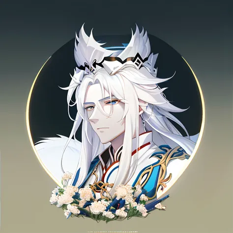 There is a photo of a man with white hair and a crown, White-haired fox, heise jinyao, Inspired by Bian Shoumin, White-haired god, xianxia hero, Keqing from Genshin Impact, yee chong silverfox, white fox anime, White fox, xianxia fantasy, Cai Xukun, Xianxi...