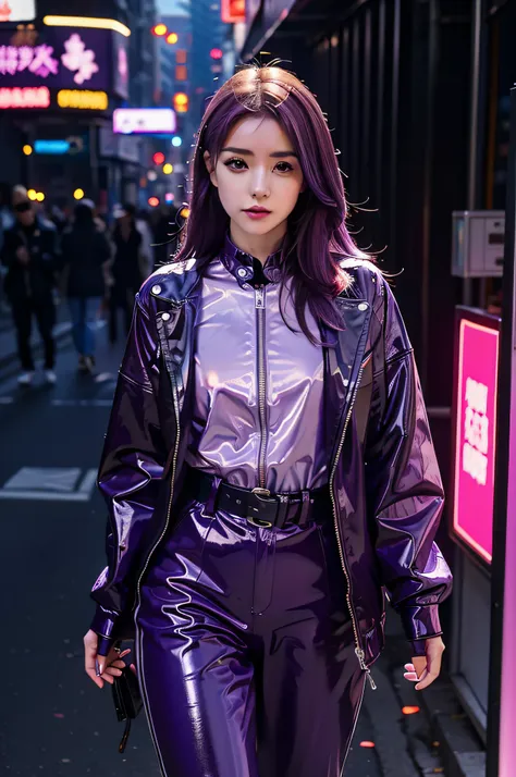 young woman, purple highlights on hair, wearing purple latex costume, cyberpunk street background