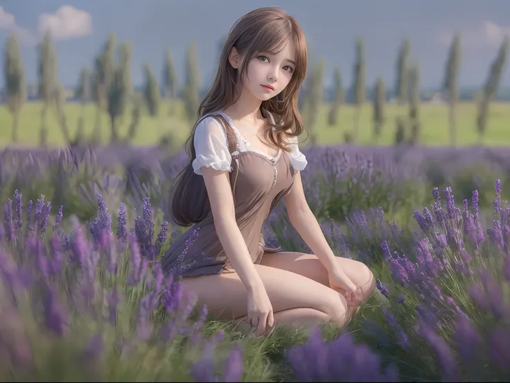 (( Real Light, Top Quality, 8k, Masterpiece: 1.3)), Normal Body Shape: 1.4, (Brown Hair, Colossal: 1.8),sitting , Open Legs, Ultra Detailed Face, Detailed Eyes, Double Eyelids, naked school girls in the lavender field