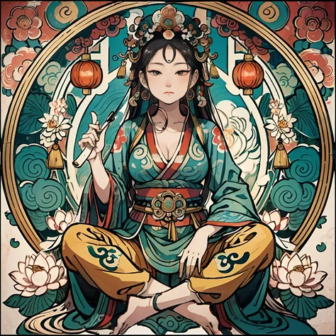 an ancient Chinese goddess, guanyin of the southern seas, Guanyin, Inspired by India, Avalokiteshvara Bodhisattva Tiger，,Serene expression,shui mo hua,Buddha,Buddhist,Lotus,Chinese painting style,Thangka style