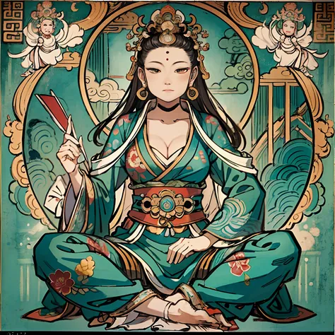 an ancient Chinese goddess, guanyin of the southern seas, Guanyin, Inspired by India, Avalokiteshvara Bodhisattva Tiger，,Serene expression,shui mo hua,Buddha,Buddhist,Lotus,Chinese painting style,Thangka style