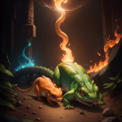 A cute realistic charmander, queue en feu, lizard, magical atmosphere, 8k resolution, hyperdetailed, volumeric lighting, intricate high detail, Composition parfaite, beau, hyperrealism, fantaisie, mignon, herbe, pokemon, Lentille pointue, photorealism