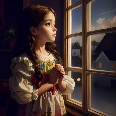 Theres a young woman standing by a window with her hands clasped, painting digital adorable, pintura realista da menina bonito, A menina no peitoril da janela, olhando na janela, luz suave da janela, lindo pintura digital, pintura digital bonita, storybook...