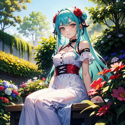 Woman with pastel hair sitting in flower garden、24 year old、sharp eyebrows、big eye、Dark eyelashes、Blue-based makeup、a cold expression、Wearing a dress、Bright red higan flowers background、Higan Flower Garden、（colourfull:1.1）、（Supreme details）、（Highest image ...