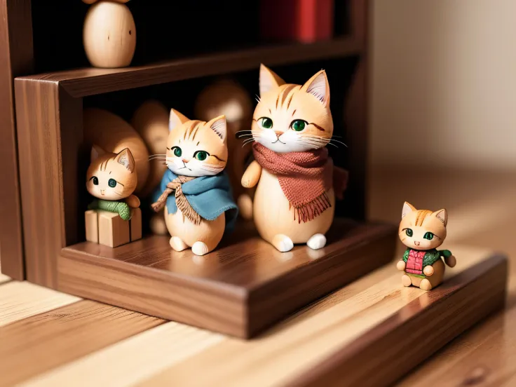 Many small cat wooden carved dolls are placed on a wooden shelf、photos realistic