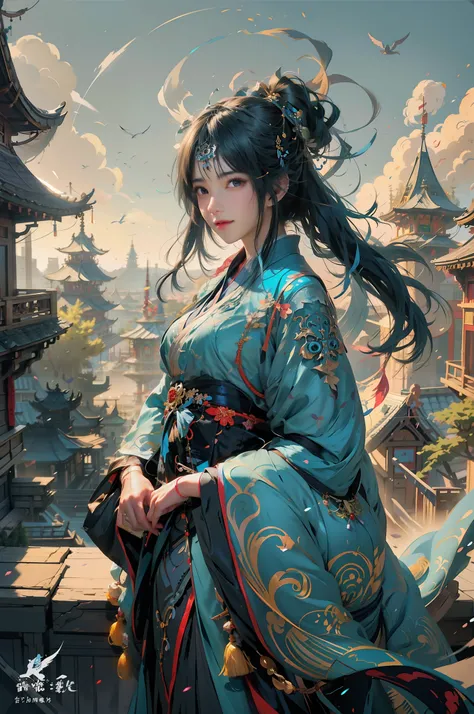 anime girl in a blue kimono dress sitting on a ledge, nice hands, nice face, nice body, alice x. zhang, artwork in the style of guweiz, ross tran 8 k, guweiz on artstation pixiv, guweiz on pixiv artstation, by Yang J, beautiful character painting, ross tra...