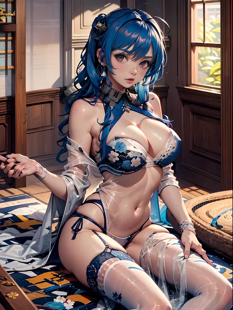 （Enrich the picture，Masterpiece level quality）Beautiful 8K CG artwork，Goddess-like posture，sittinng on the river，Postural exercises，Slim and soft，Translucent skin，Blue hair、The beauty of extra-long hair, Super Long Straight Hair，The skin is fair and juicy，...