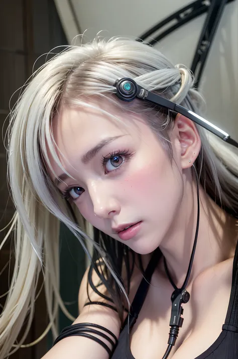 Top Quality, Masterpiece, Ultra High Resolution, (Photorealistic: 1.4), Raw Photo, 1 Girl, White Hair, Glossy Skin, 1 Mechanical Girl, (Ultra Realistic Details)), Portrait, Global Illumination, Shadows, Octane Rendering, 8K, Ultra Sharp, Big, Cleavage Expo...