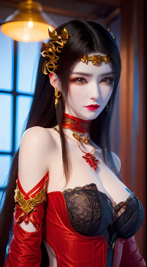 1 very beautiful queen medusha in hanfu dress, thin red silk shirt with many yellow motifs, black lace top, long hair dyed black, beautiful hair jewelry, extremely detailed and exquisitely crafted jewelry, gold jewelry, red ruby ​​inlaid necklaces, pretty ...