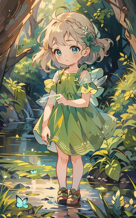 Mori fairy tales：A cute girl in a mysterious forest，Green dress，By the creek，Cogumelos，Curious eyes，Childlike emotions，Moss stone，with blue sky and white clouds，Natural fairy tale atmosphere