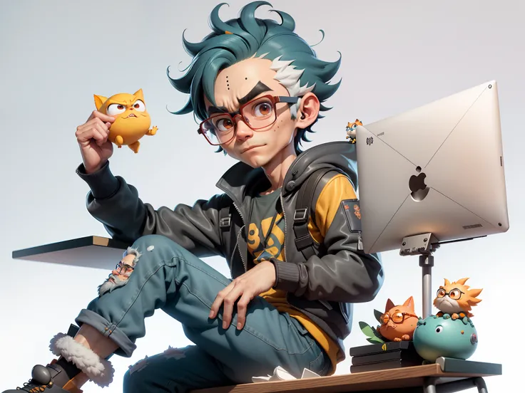 A young man with glasses sits at his desk，holding laptop，digitial painting，3D character design by Mark Clairen and Pixar and Hayao Miyazaki and Akira Toriyama，4K HD illustration，Very detailed facial features and cartoon-style visuals。