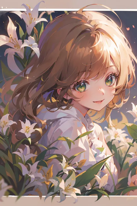 (masterpiece), (best quality), ultra high res, sharp focus, ((1 woman, solo)), (warm pastel color), upper body, medium long shot, MLS, background blur focus on face only, in the meadow of lily flower, (at the beautiful night time:1.2), beautiful detailed h...