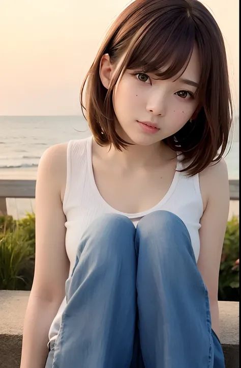 Sunset、sea side、((middlebreasts、tomgirl、the head is small))、sunlights、(the perfect body : 1.1)、(Short straight hair : 1.2)、reddish brown hair、FULL BODYSHOT、white  shirt、having a ice cream、Jeans wearing jacket、((shortpants))、(Highly detailed CG 8K wallpaper...