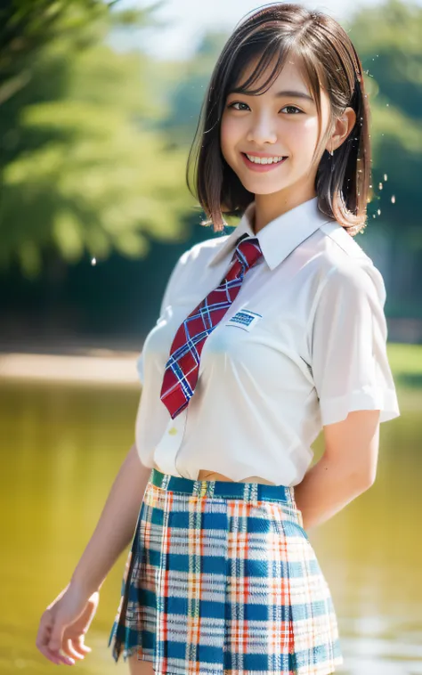 the Extremely Detailed CG Unity 8K Wallpapers、top-quality、ultra-detailliert、​masterpiece、realisitic、Photo Real、extremely detailed cute girl、18year old、(High school student in Japan uniform)、red blush、cparted lips、looking at the viewers、Semi-body shot、(Scen...